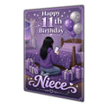 Niece 11th Birthday Card - Girl with Phone in a Purple Birthday Room
