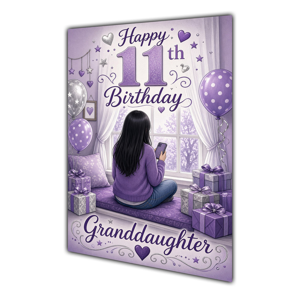 Granddaughter 11th Birthday Card - Girl with Phone in a Purple Birthday Room