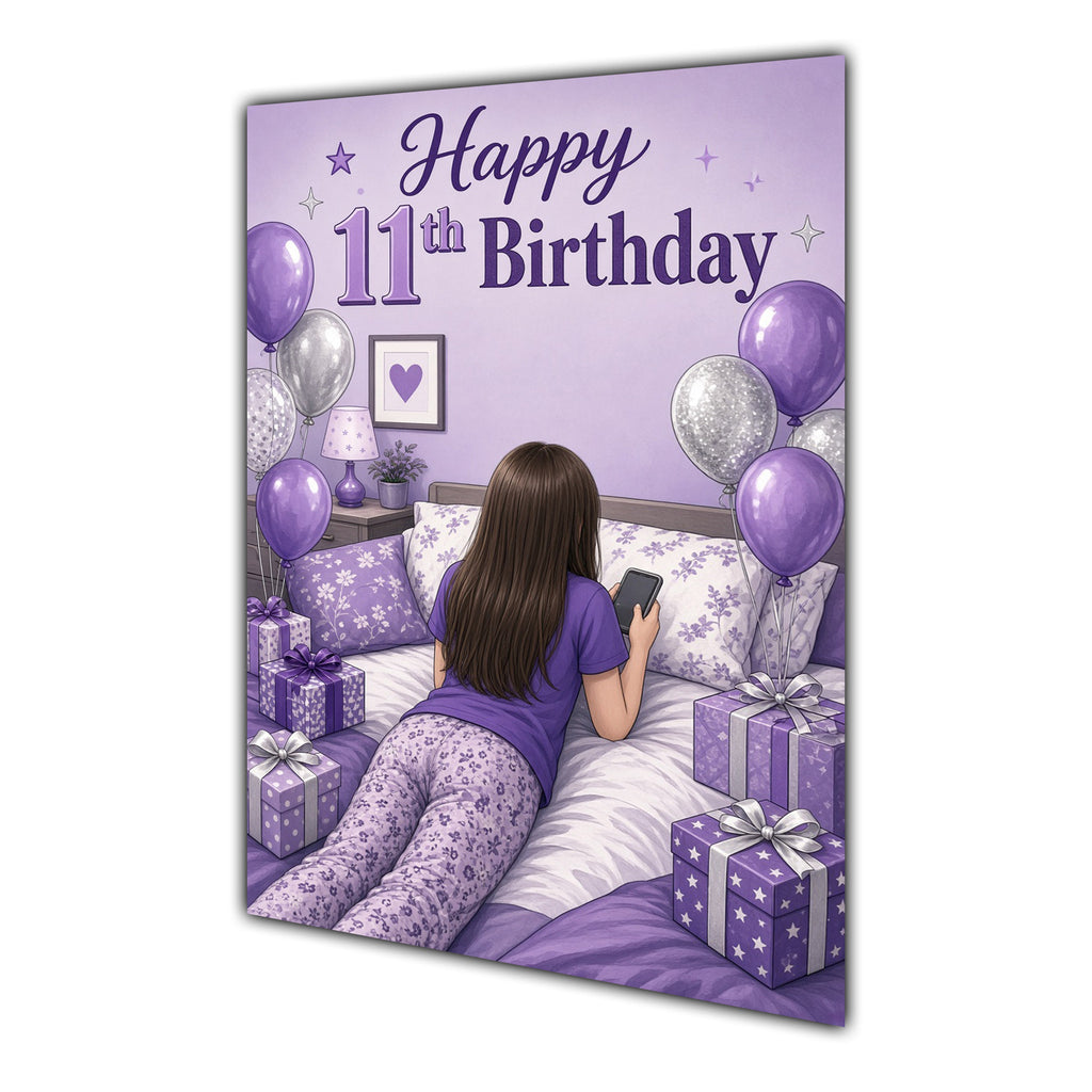 11th Birthday Card - Girl with Phone in a Purple Birthday Room