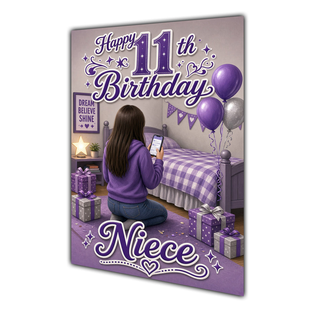 Niece 11th Birthday Card - Girl with Phone in a Purple Birthday Room