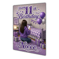Niece 11th Birthday Card - Girl with Phone in a Purple Birthday Room