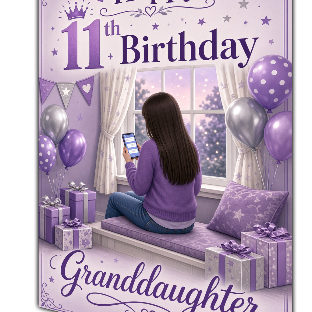 Granddaughter 11th Birthday Card - Girl with Phone in a Purple Birthday Room