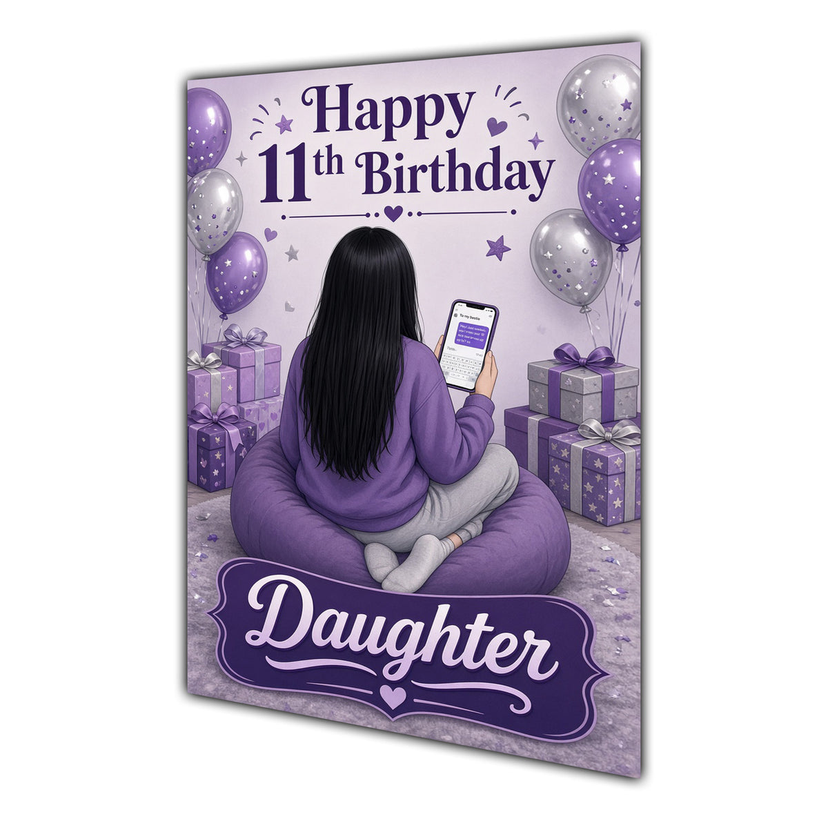 Daughter 11th Birthday Card - Girl with Phone in a Purple Birthday Room