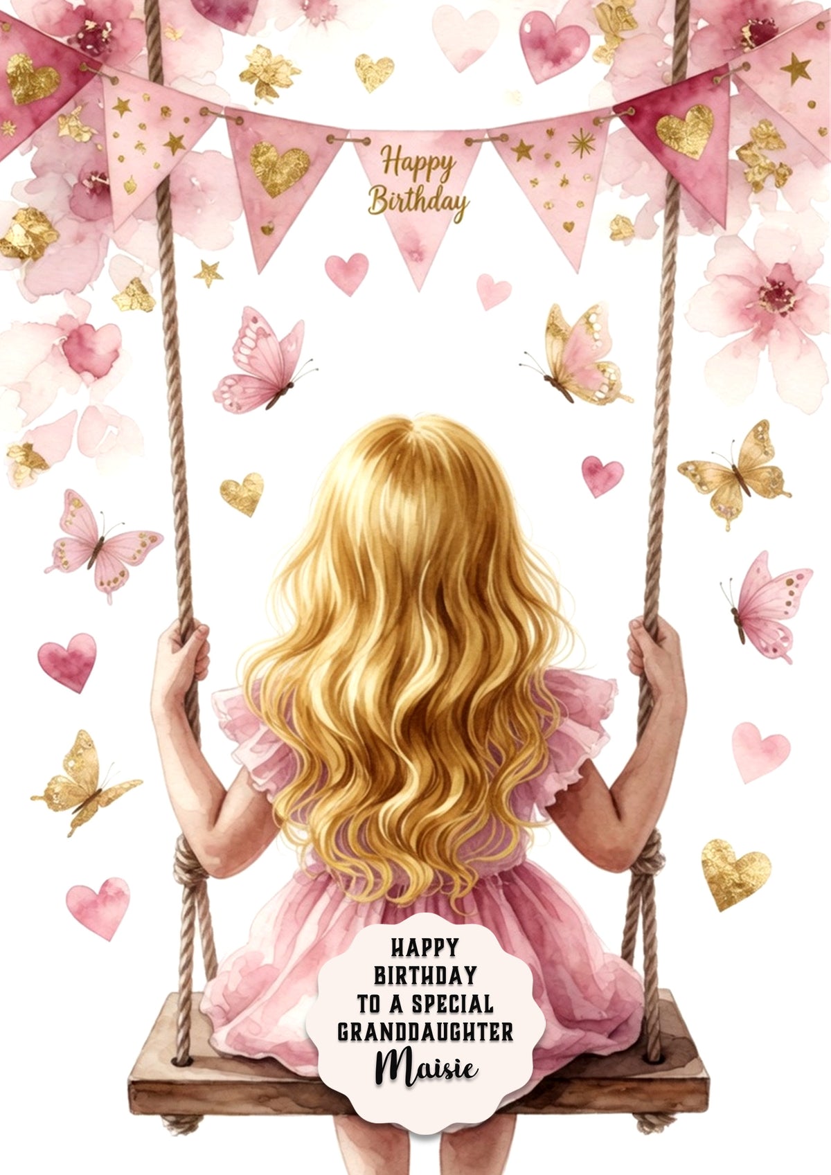 Personalised Birthday Card - Girl on a Flower Swing - Blonde Hair