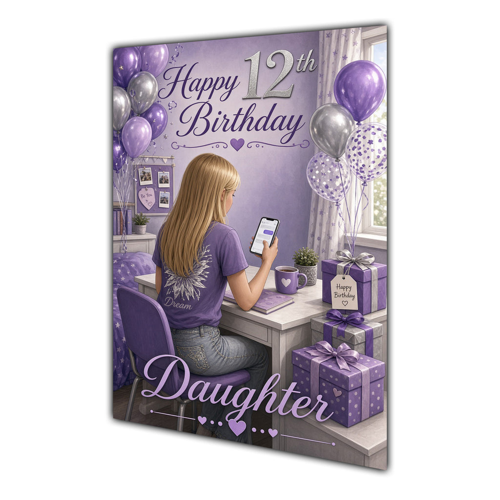 Daughter 12th Birthday Card - Girl with Phone in a Purple Birthday Room