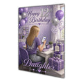 Daughter 12th Birthday Card - Girl with Phone in a Purple Birthday Room