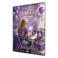 Daughter 12th Birthday Card - Girl with Phone in a Purple Birthday Room