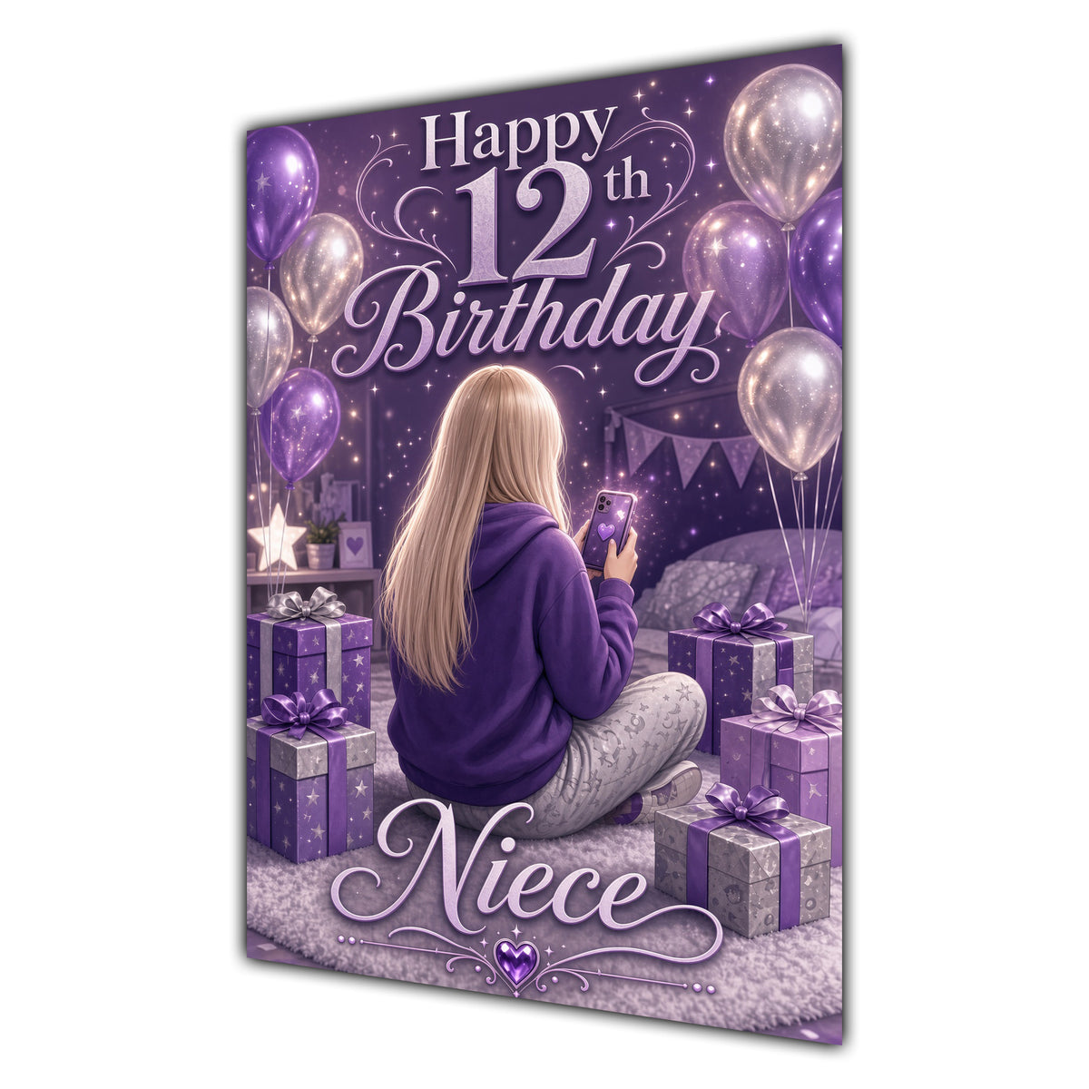 Niece 12th Birthday Card - Girl with Phone in a Purple Birthday Room