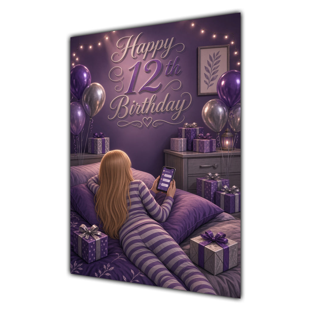 12th Birthday Card - Girl with Phone in a Purple Birthday Room