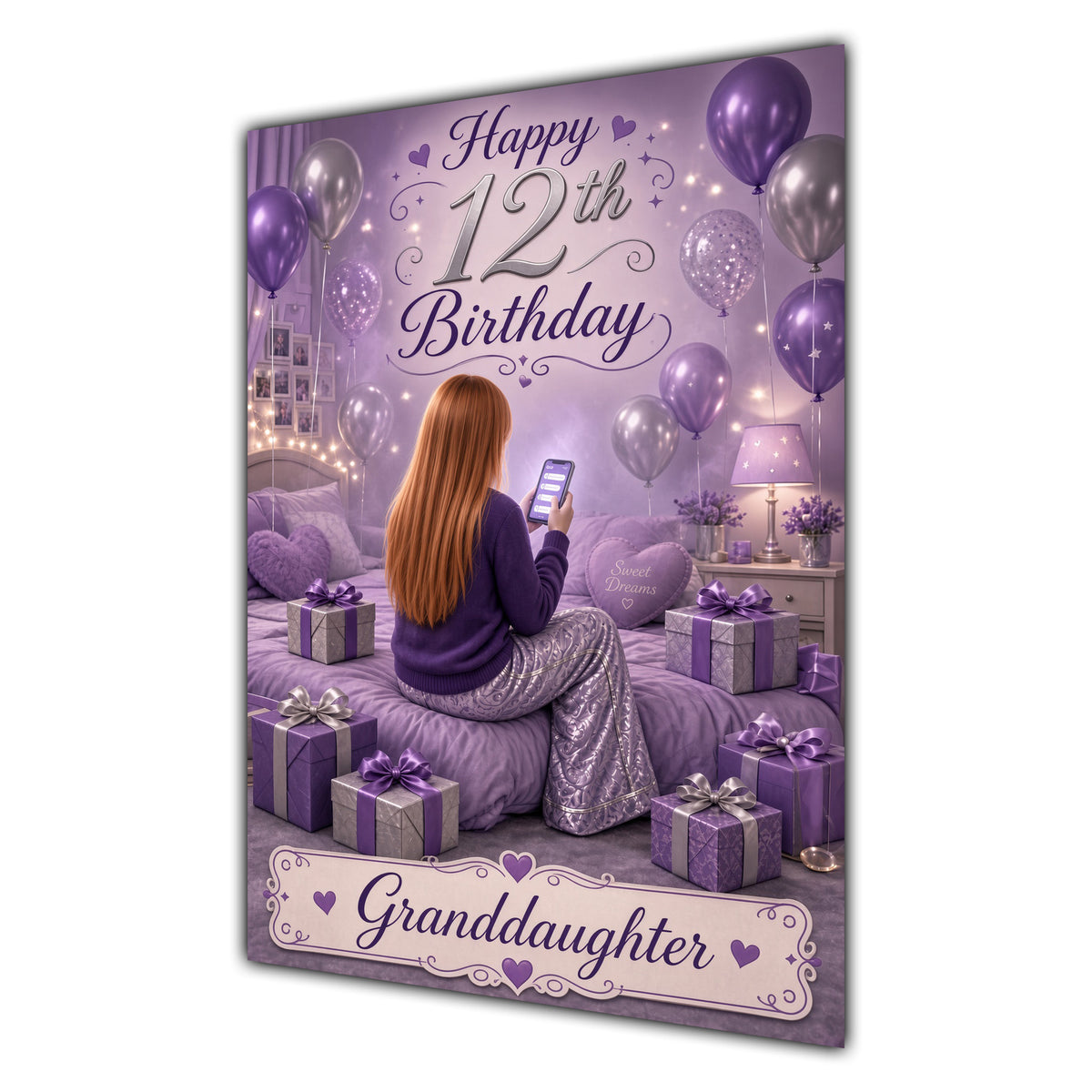 Granddaughter 12th Birthday Card - Girl with Phone in a Purple Birthday Room
