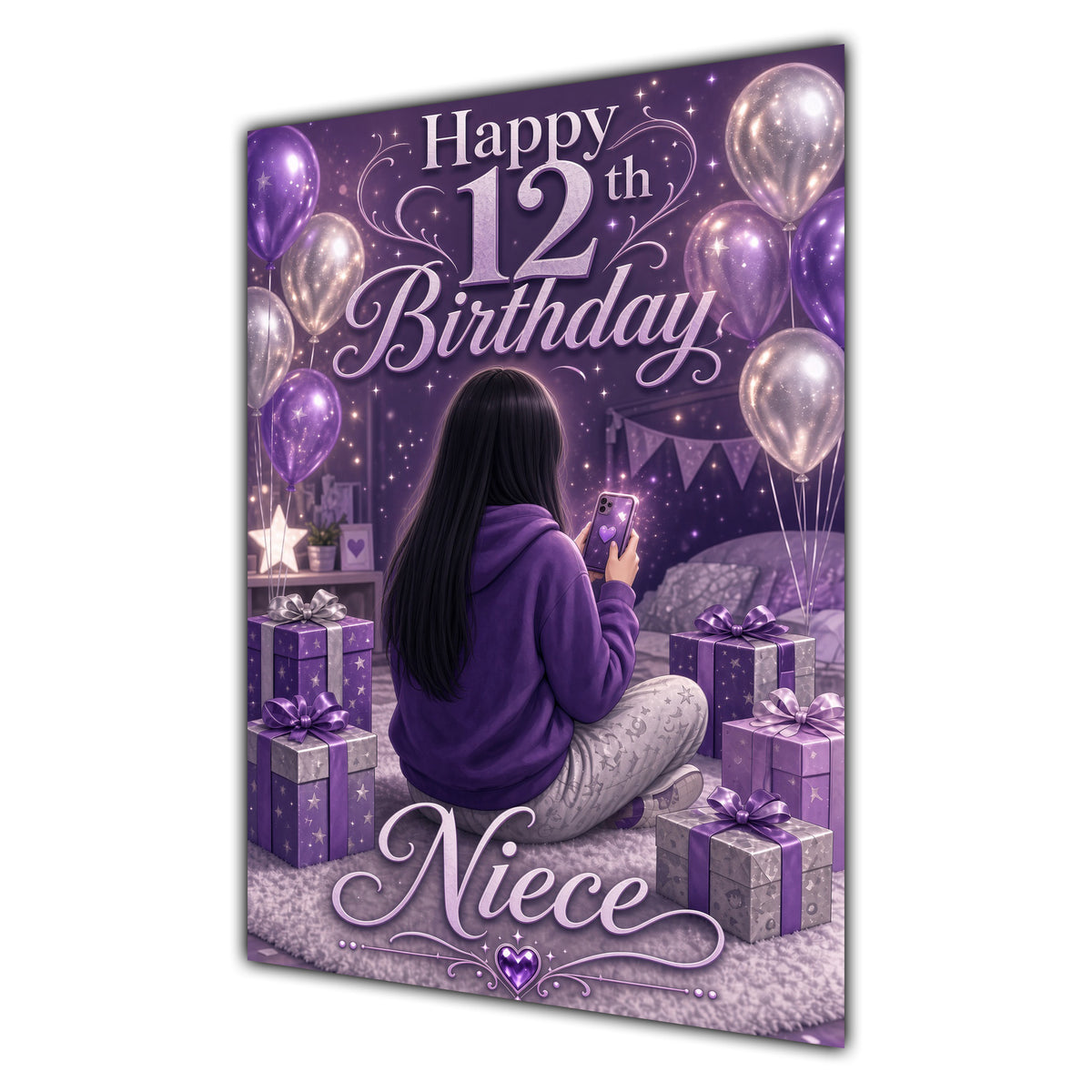 Niece 12th Birthday Card - Girl with Phone in a Purple Birthday Room