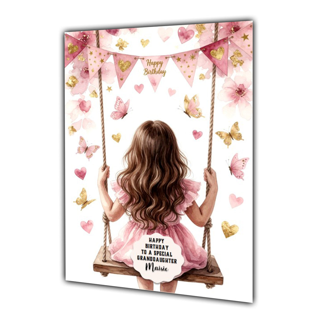 Personalised Birthday Card - Girl on a Flower Swing - Brown Hair
