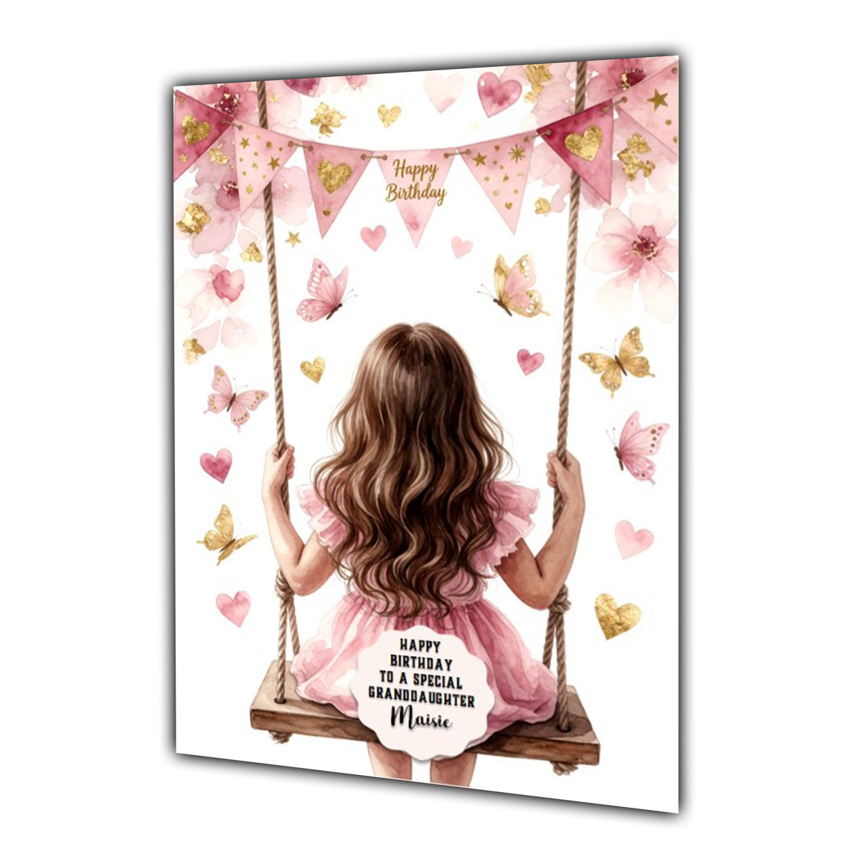 Personalised Birthday Card - Girl on a Flower Swing - Brown Hair