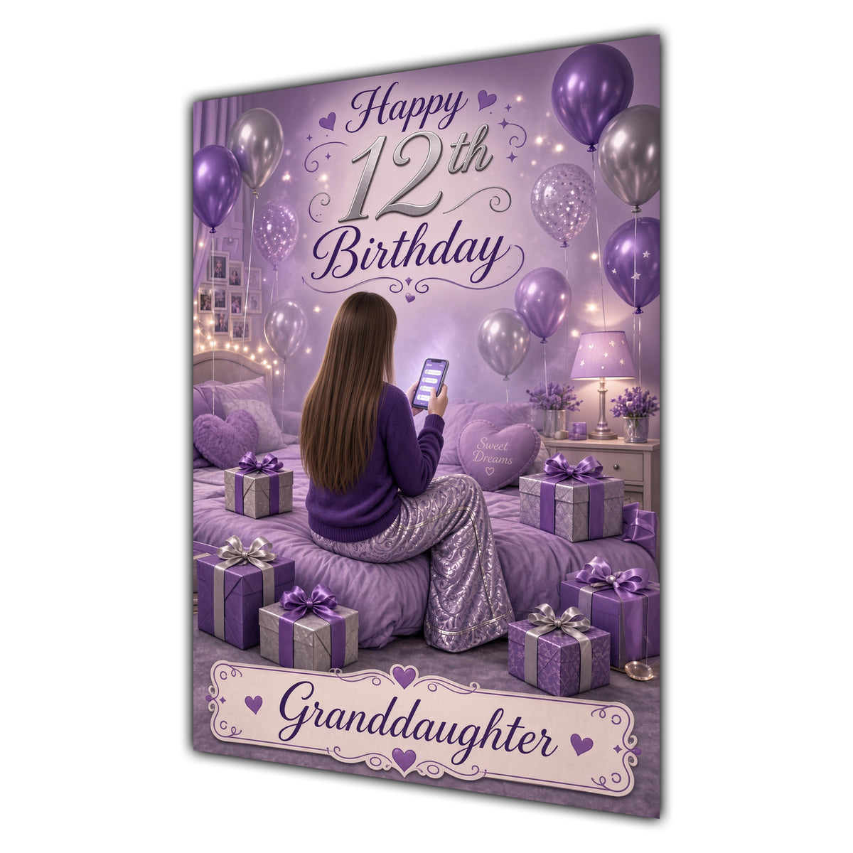 Granddaughter 12th Birthday Card - Girl with Phone in a Purple Birthday Room