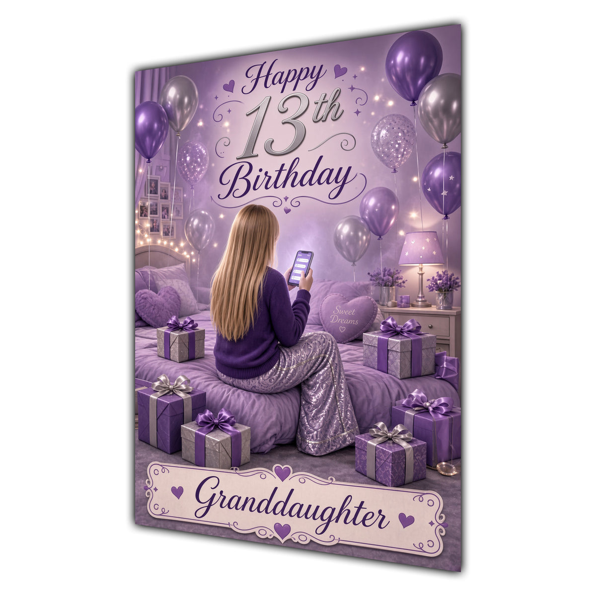 Granddaughter 13th Birthday Card - Girl with Phone in a Purple Birthday Room