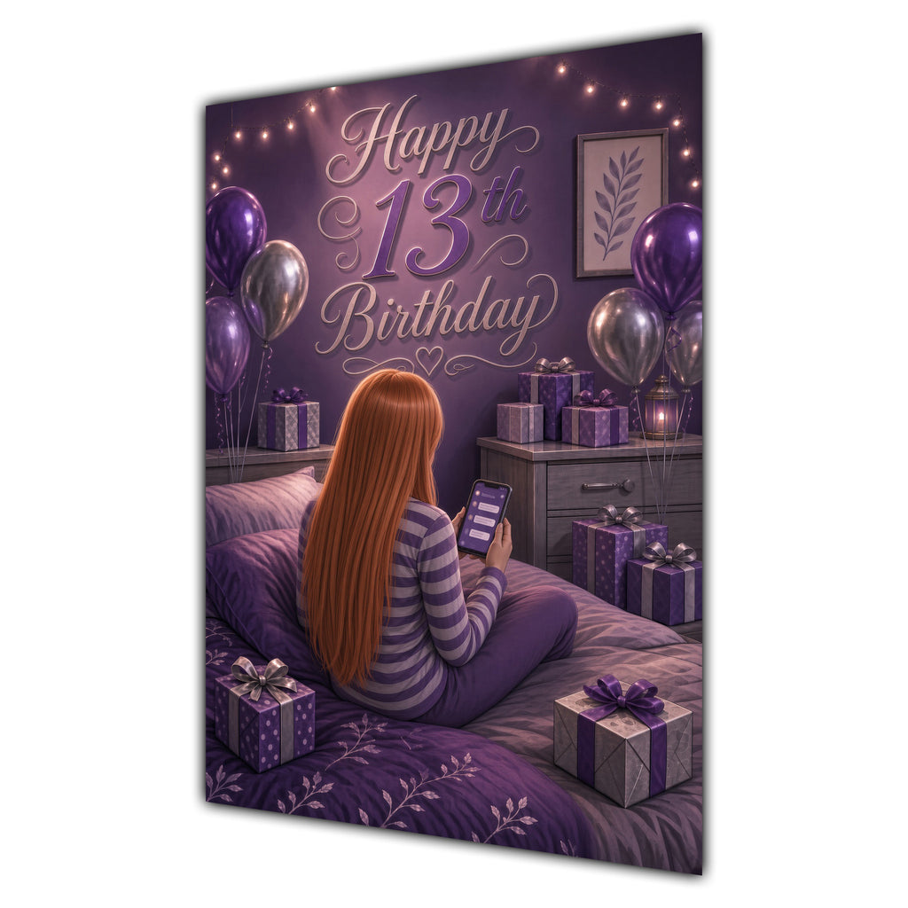 13th Birthday Card - Girl with Phone in a Purple Birthday Room