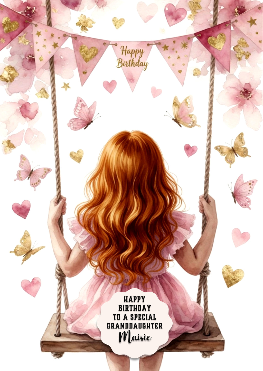 Personalised Birthday Card - Girl on a Flower Swing - Ginger Hair