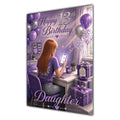 Daughter 13th Birthday Card - Girl with Phone in a Purple Birthday Room