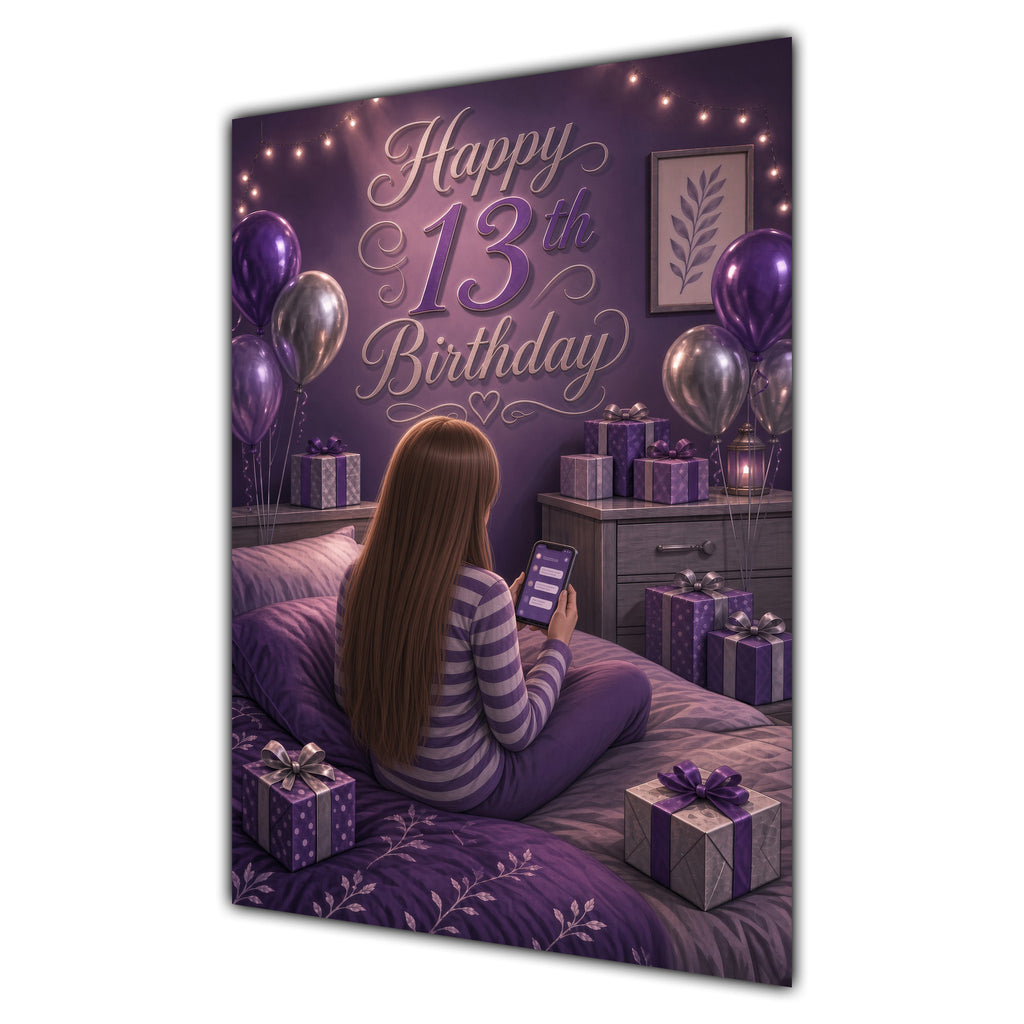 13th Birthday Card - Girl with Phone in a Purple Birthday Room
