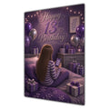 13th Birthday Card - Girl with Phone in a Purple Birthday Room