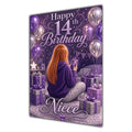 Niece 14th Birthday Card - Girl with Phone and Purple Balloons