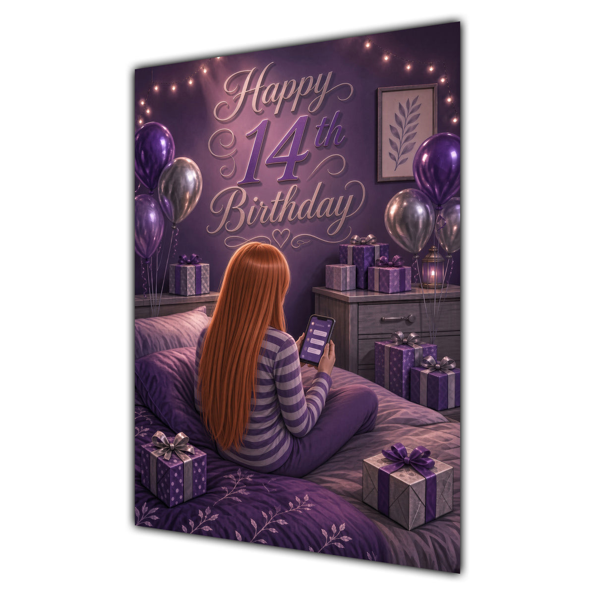 14th Birthday Card - Girl with Phone and Purple Balloons