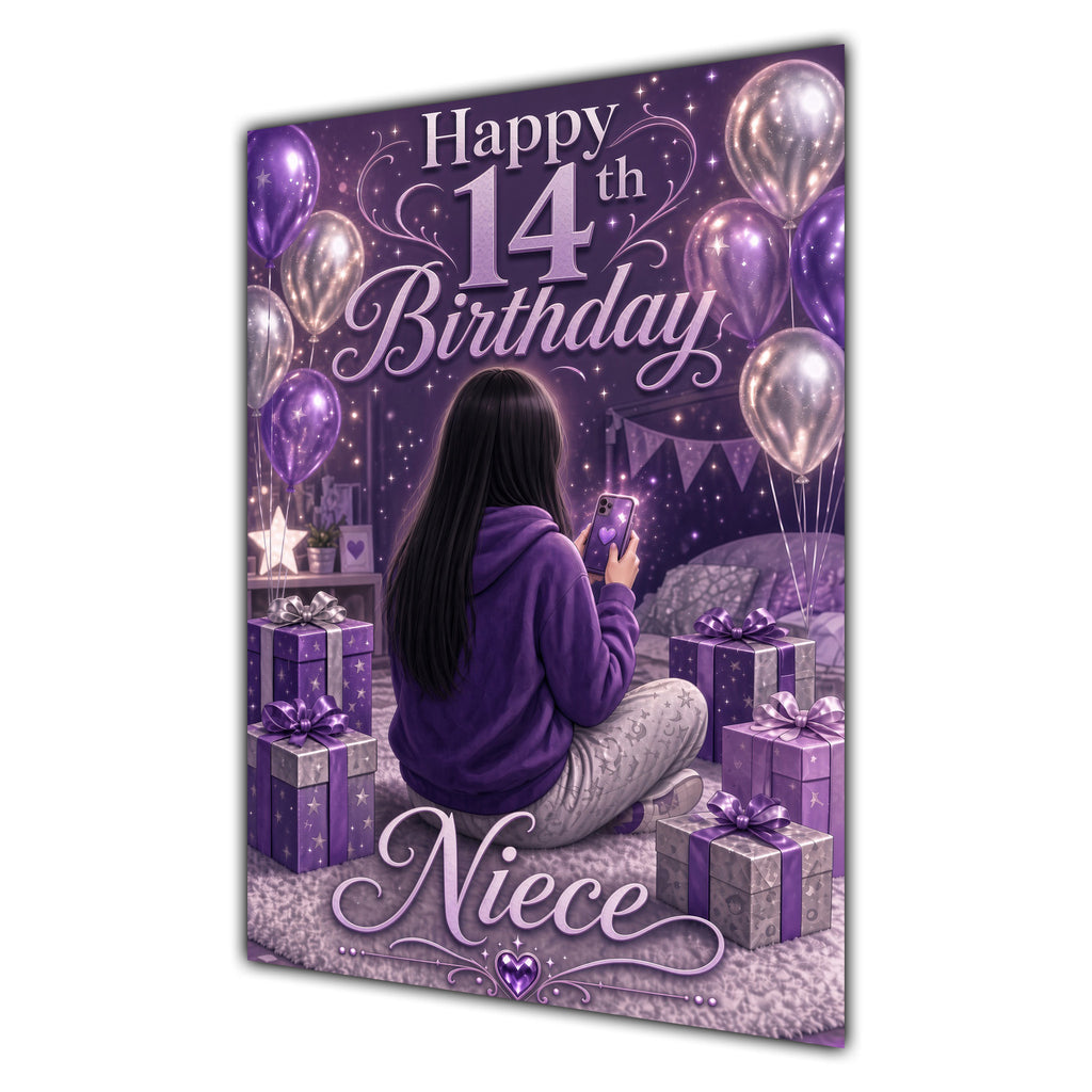 Niece 14th Birthday Card - Girl with Phone and Purple Balloons