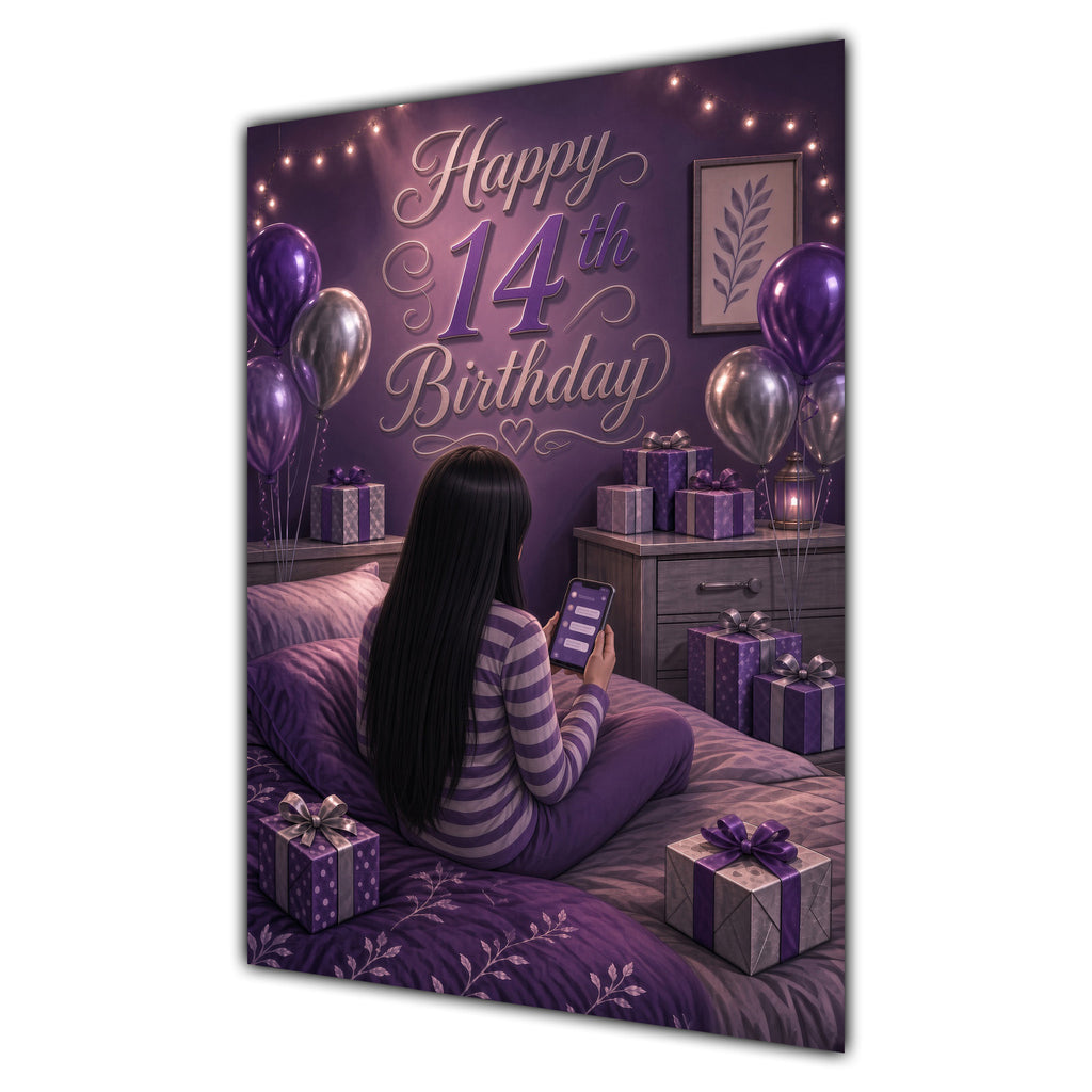 14th Birthday Card - Girl with Phone and Purple Balloons