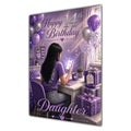 Daughter 14th Birthday Card - Girl with Phone and Purple Balloons