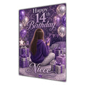 Niece 14th Birthday Card - Girl with Phone and Purple Balloons