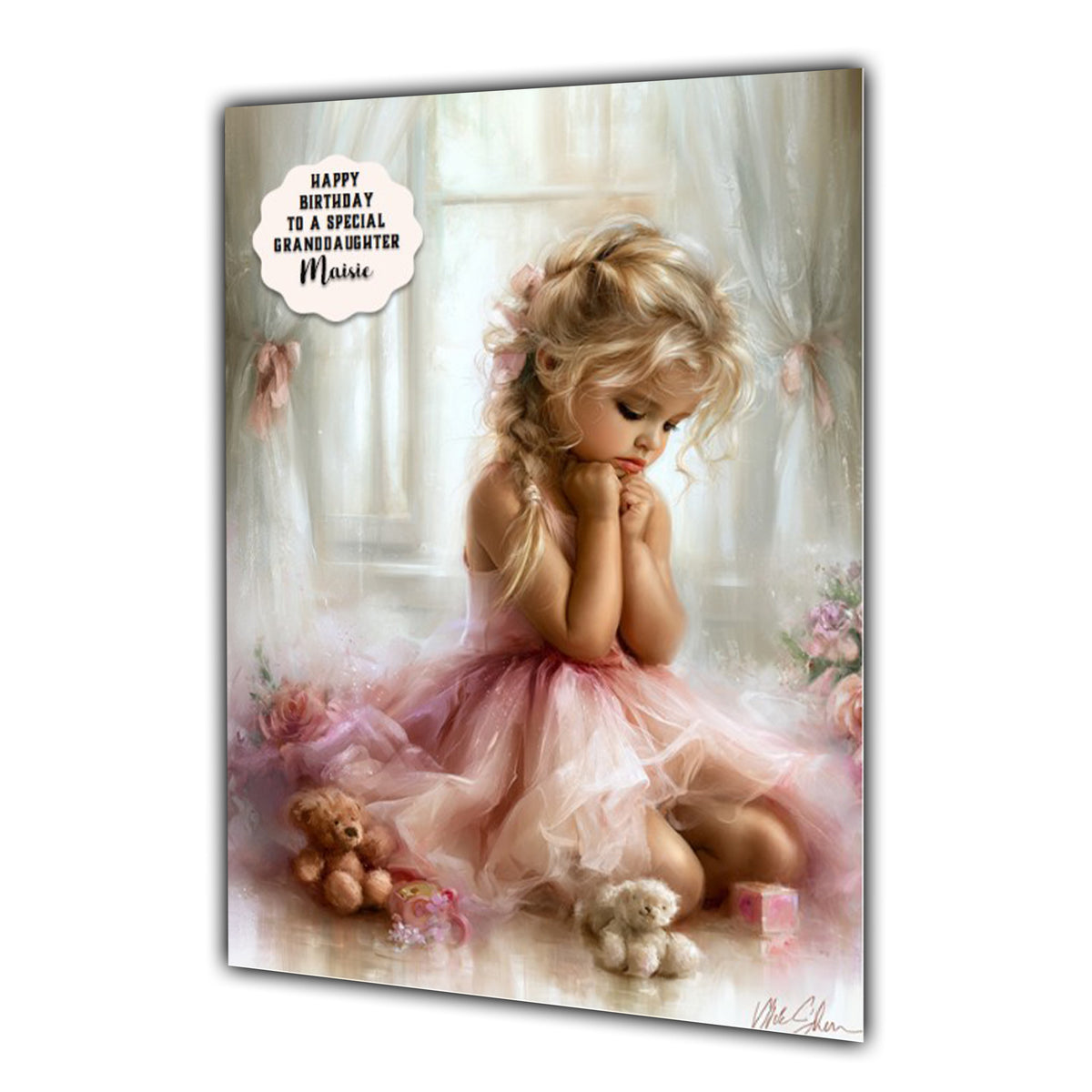 Personalised Birthday Card - Little Girl in a Pink Dress with Teddy Bears