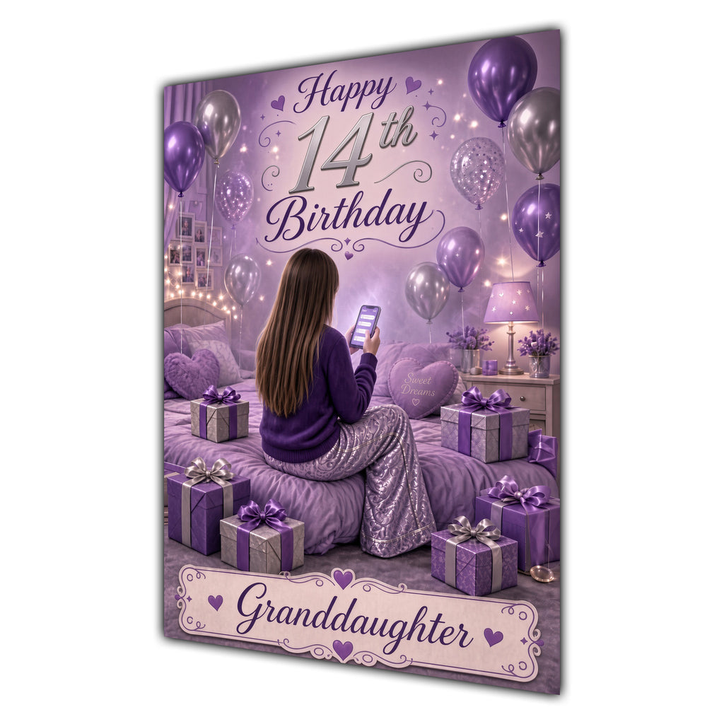 Granddaughter 14th Birthday Card - Girl with Phone and Purple Balloons