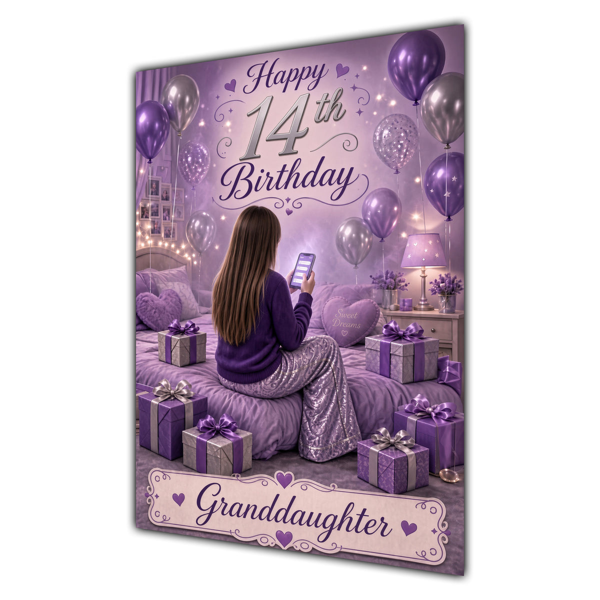 Granddaughter 14th Birthday Card - Girl with Phone and Purple Balloons