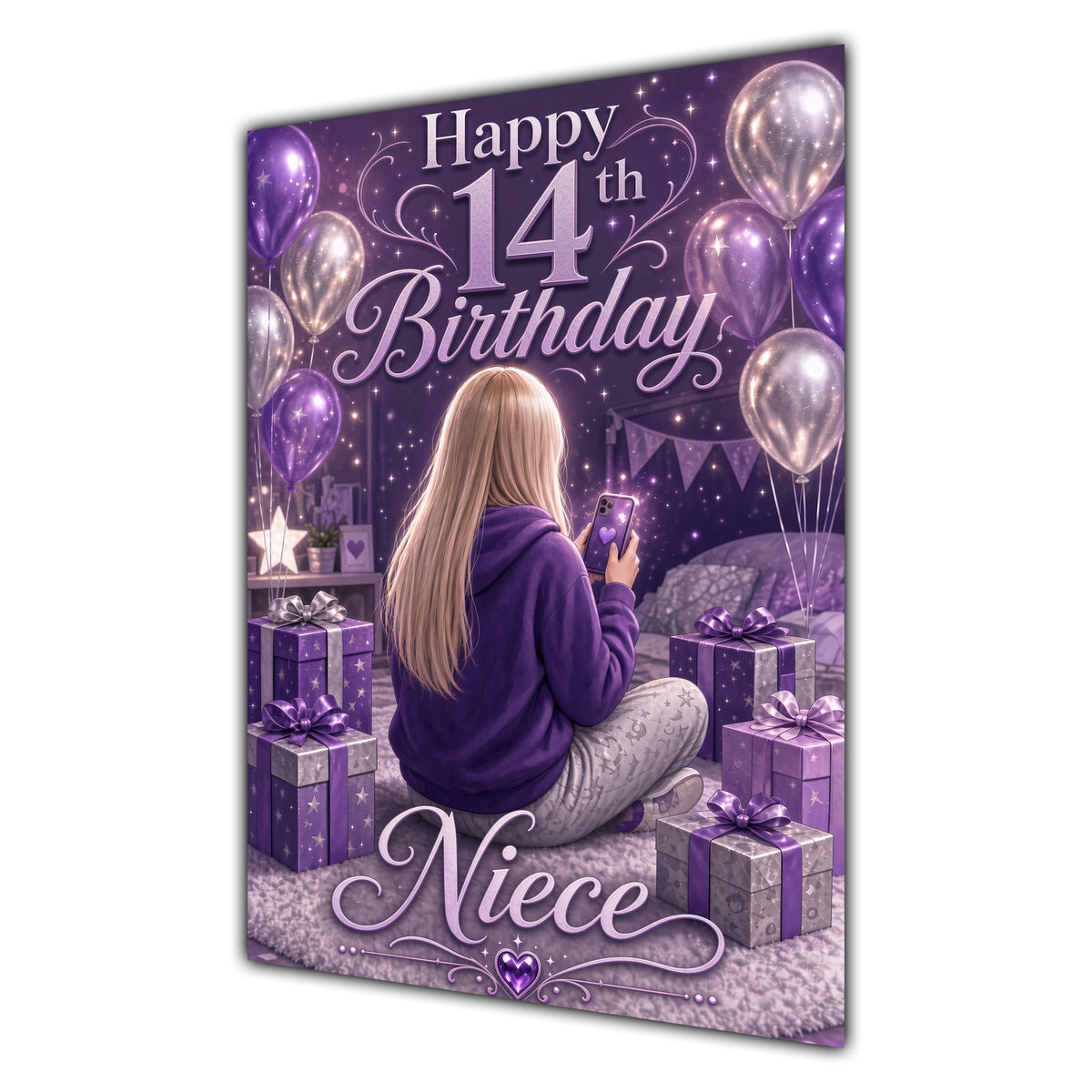 Niece 14th Birthday Card - Girl with Phone and Purple Balloons