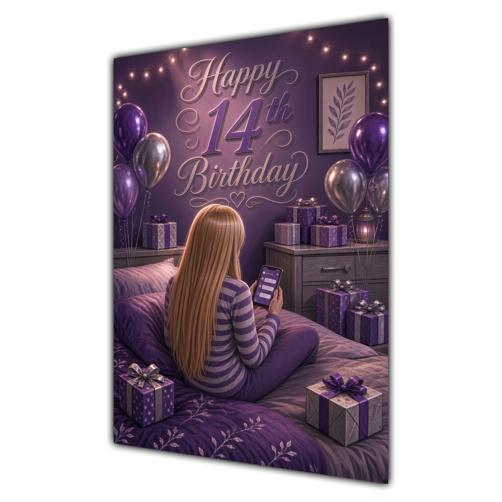 14th Birthday Card - Girl with Phone and Purple Balloons