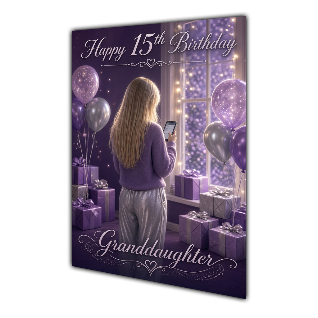 Granddaughter 15th Birthday Card - Girl with Phone and Purple Balloons