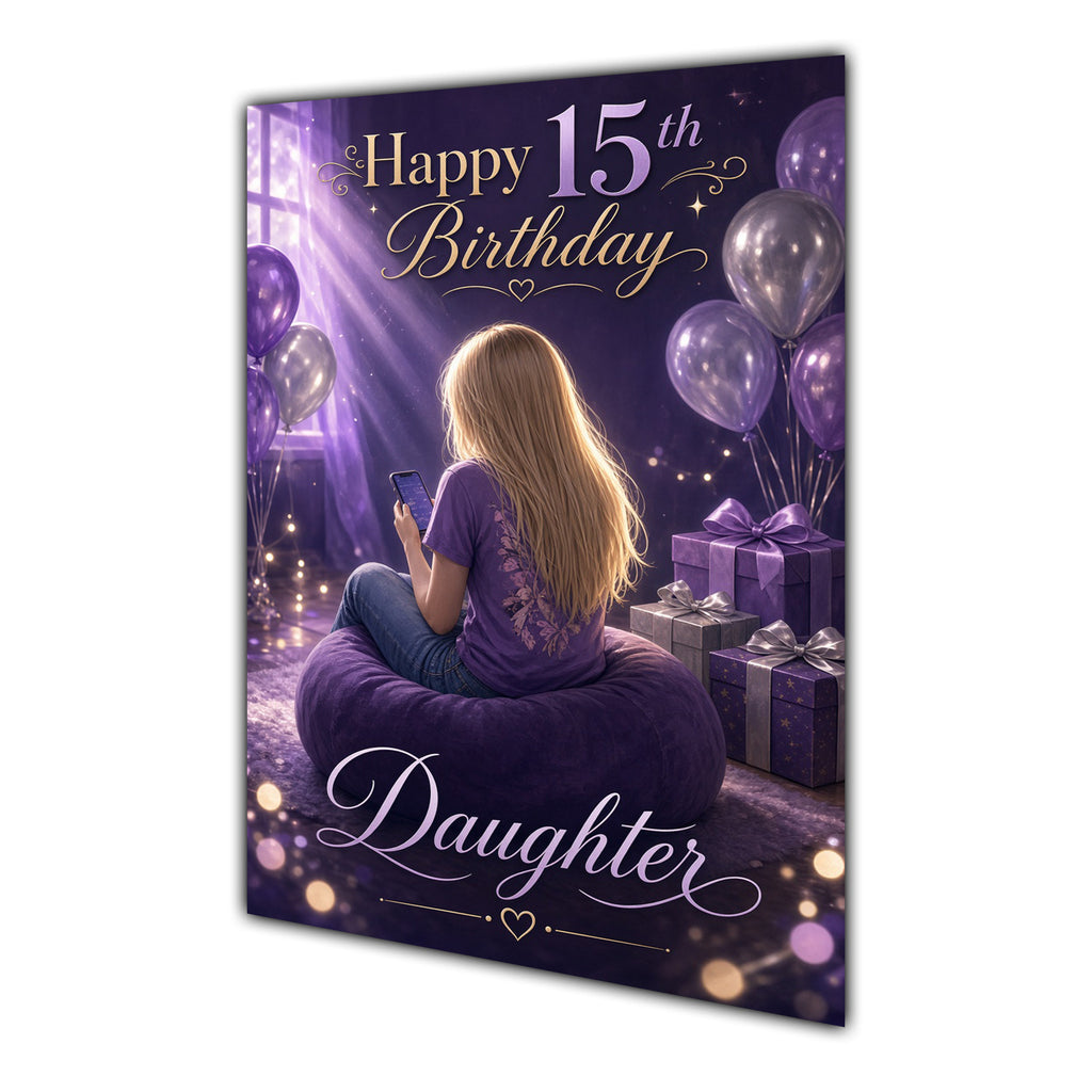 Daughter 15th Birthday Card - Girl with Phone and Purple Balloons
