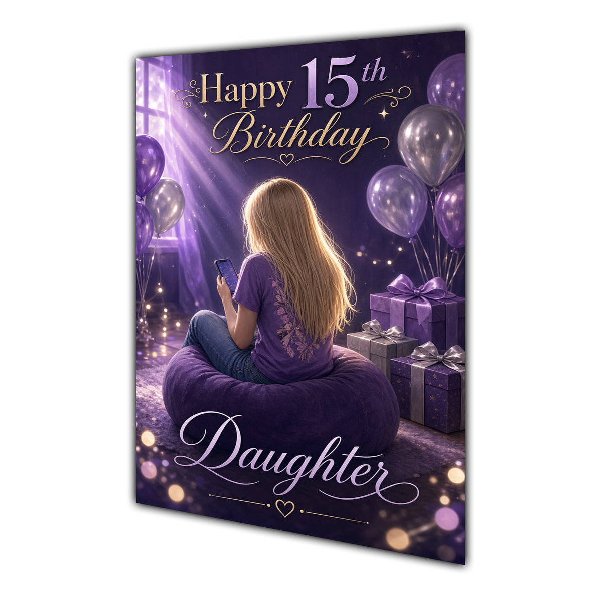 Daughter 15th Birthday Card - Girl with Phone and Purple Balloons