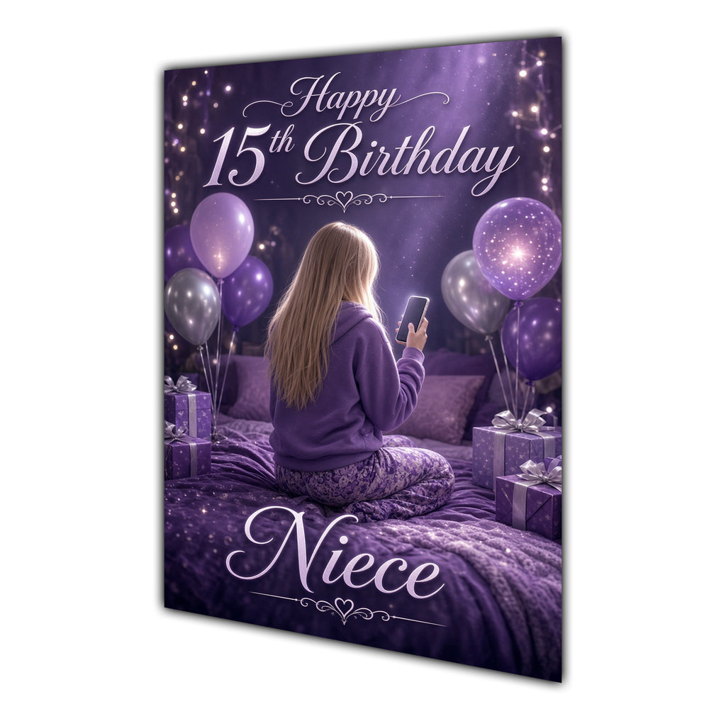 Niece 15th Birthday Card - Girl with Phone and Purple Balloons