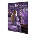 15th Birthday Card - Girl with Phone and Purple Balloons