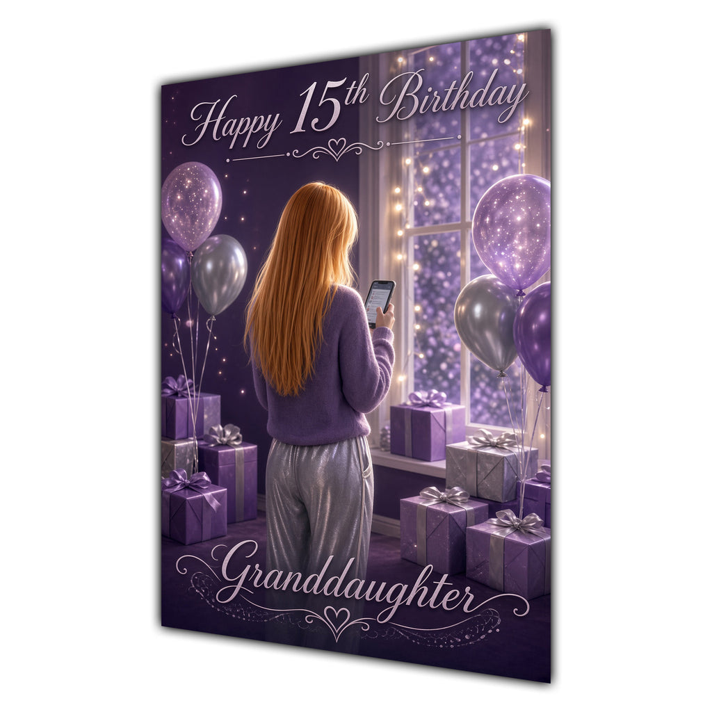 Granddaughter 15th Birthday Card - Girl with Phone and Purple Balloons