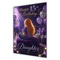 Daughter 15th Birthday Card - Girl with Phone and Purple Balloons