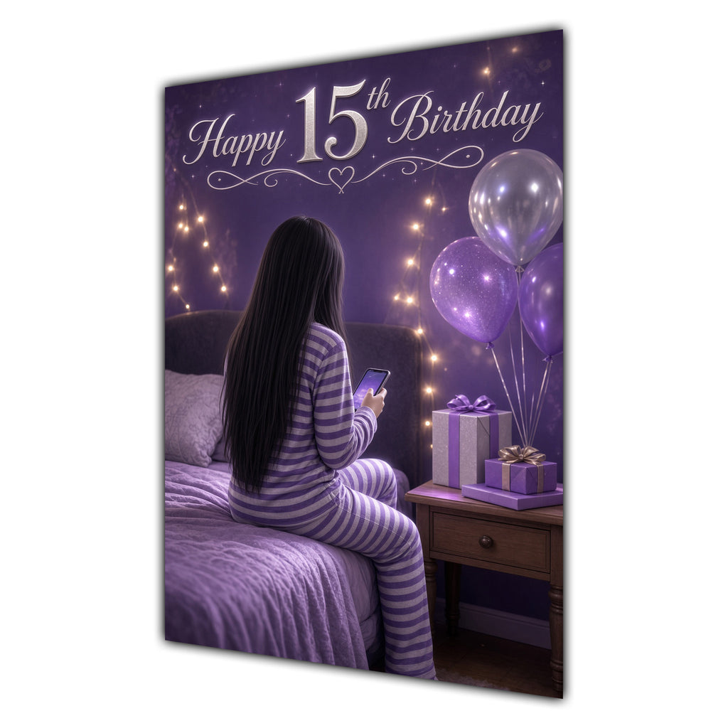 15th Birthday Card - Girl with Phone and Purple Balloons
