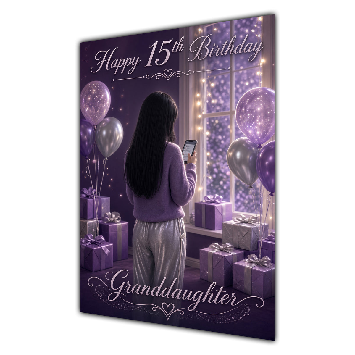 Granddaughter 15th Birthday Card - Girl with Phone and Purple Balloons