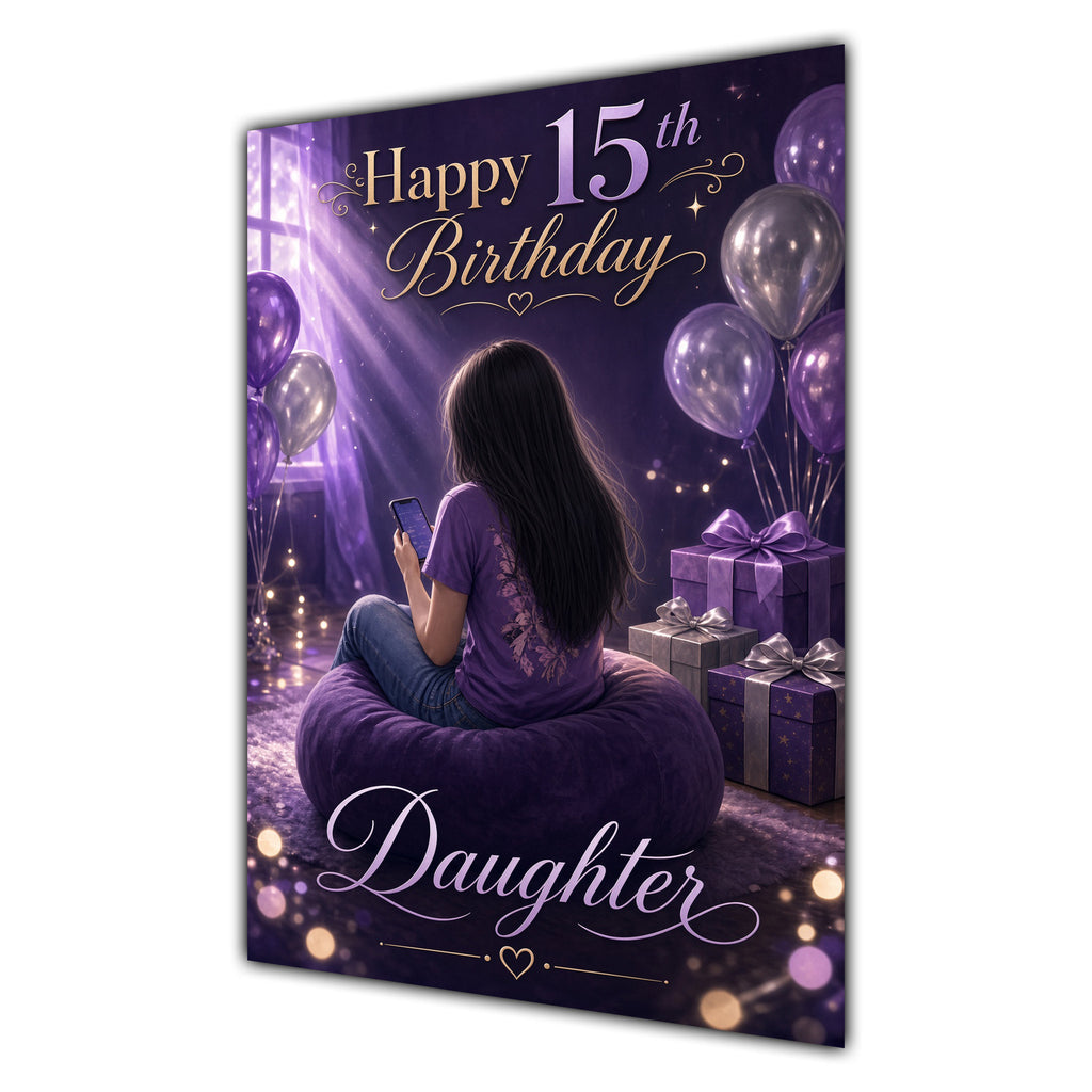 Daughter 15th Birthday Card - Girl with Phone and Purple Balloons