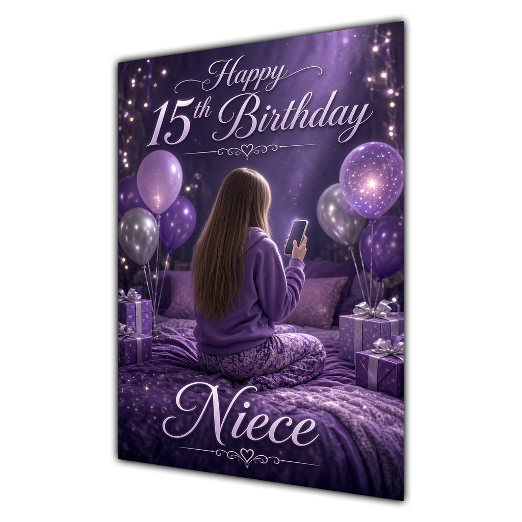 Niece 15th Birthday Card - Girl with Phone and Purple Balloons