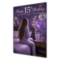 15th Birthday Card - Girl with Phone and Purple Balloons