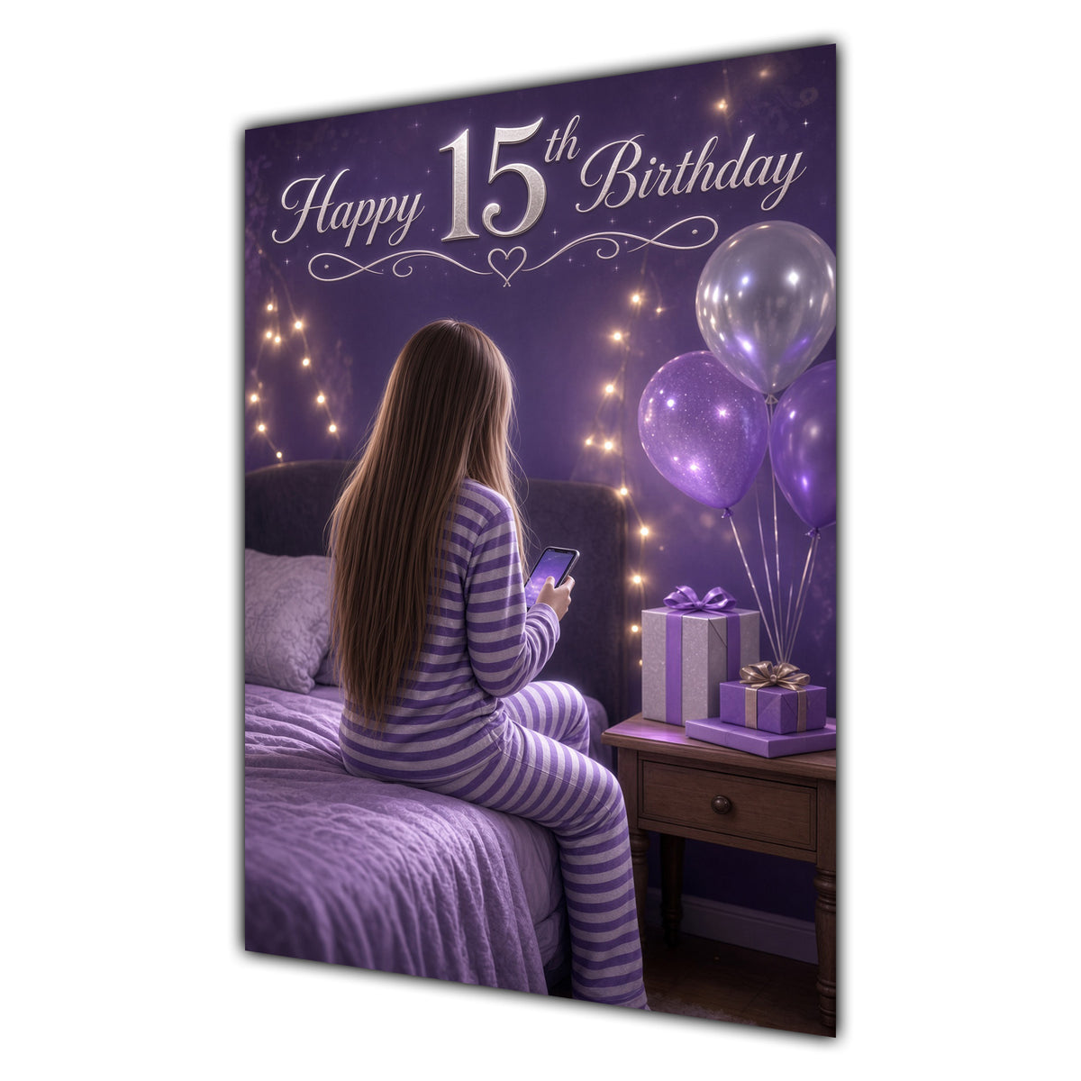 15th Birthday Card - Girl with Phone and Purple Balloons