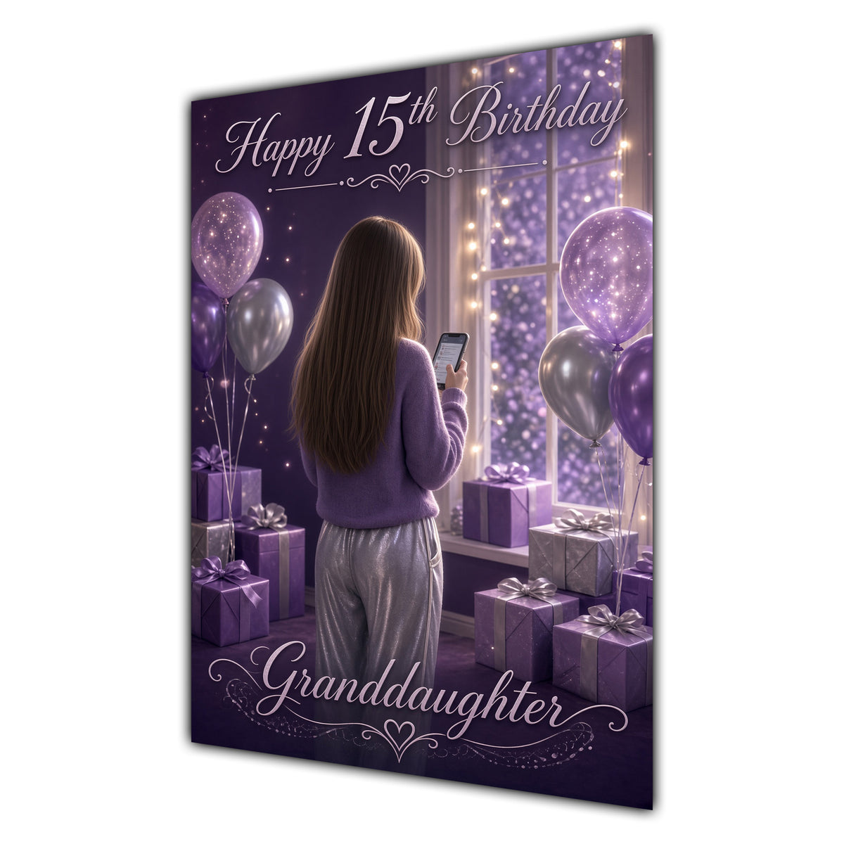 Granddaughter 15th Birthday Card - Girl with Phone and Purple Balloons