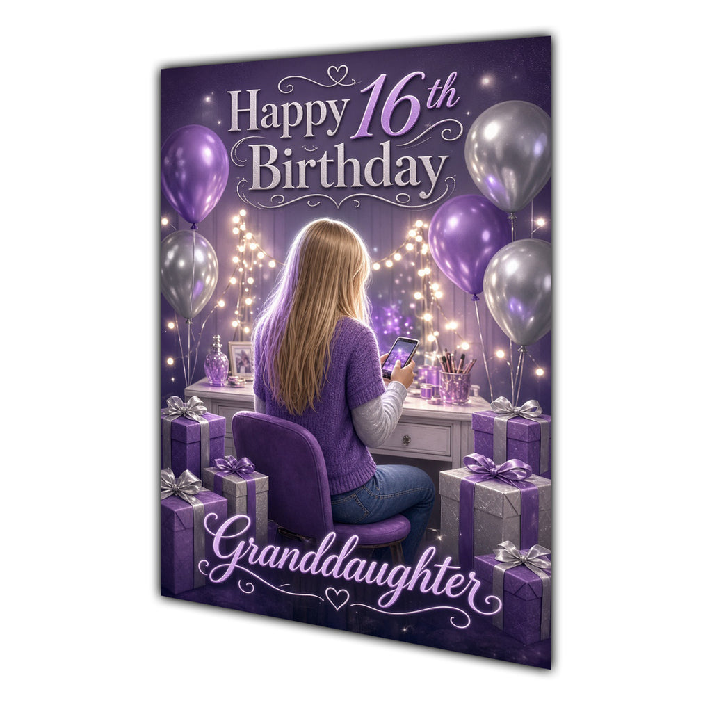 Granddaughter 16th Birthday Card - Girl with Phone and Purple Balloons